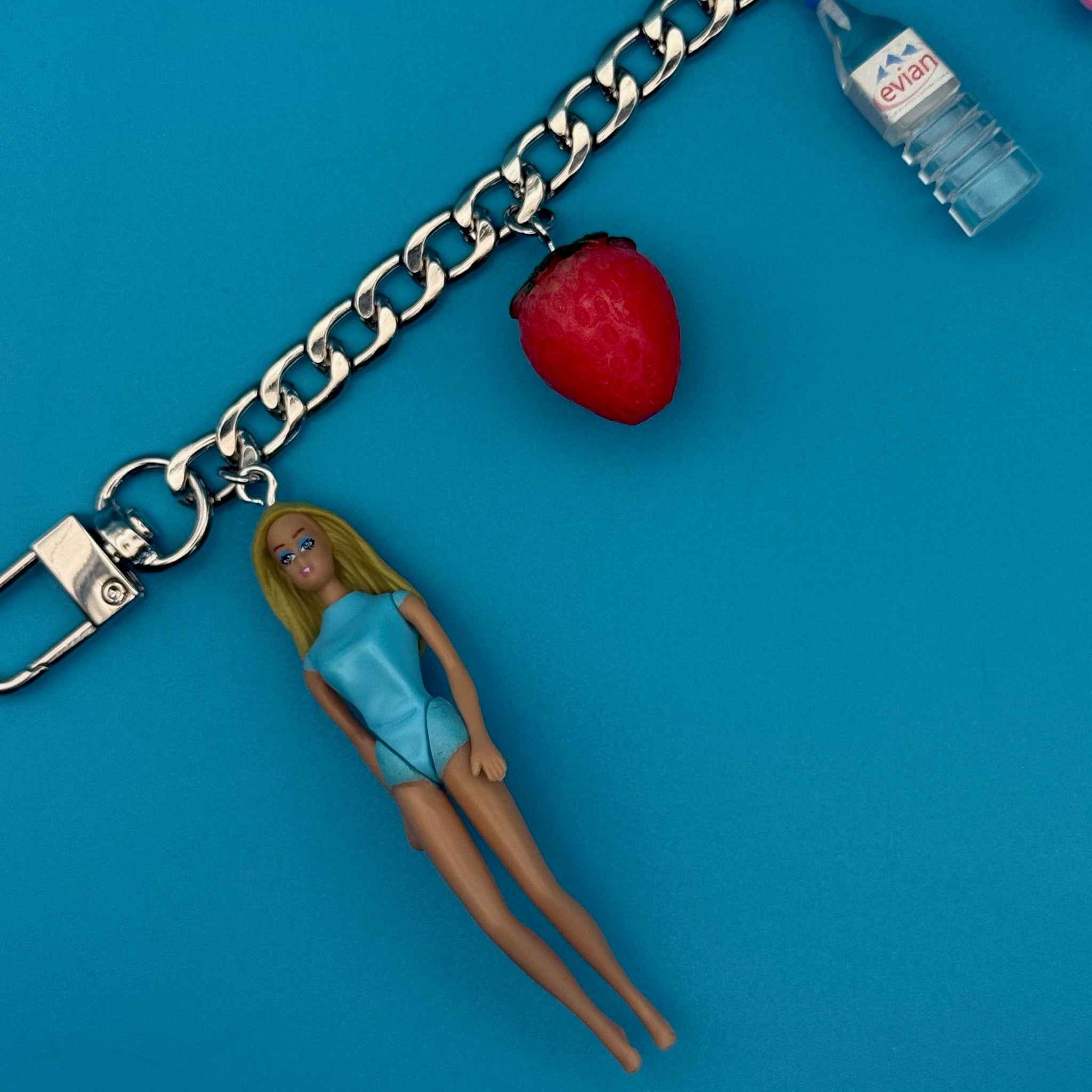 Mini Malibu Barbie + Evian Water   Chain - barbie doll toy pink rare vintage keychain vintage charms for bag nostalgia vintage keychains y2k collectible - Bag Crap