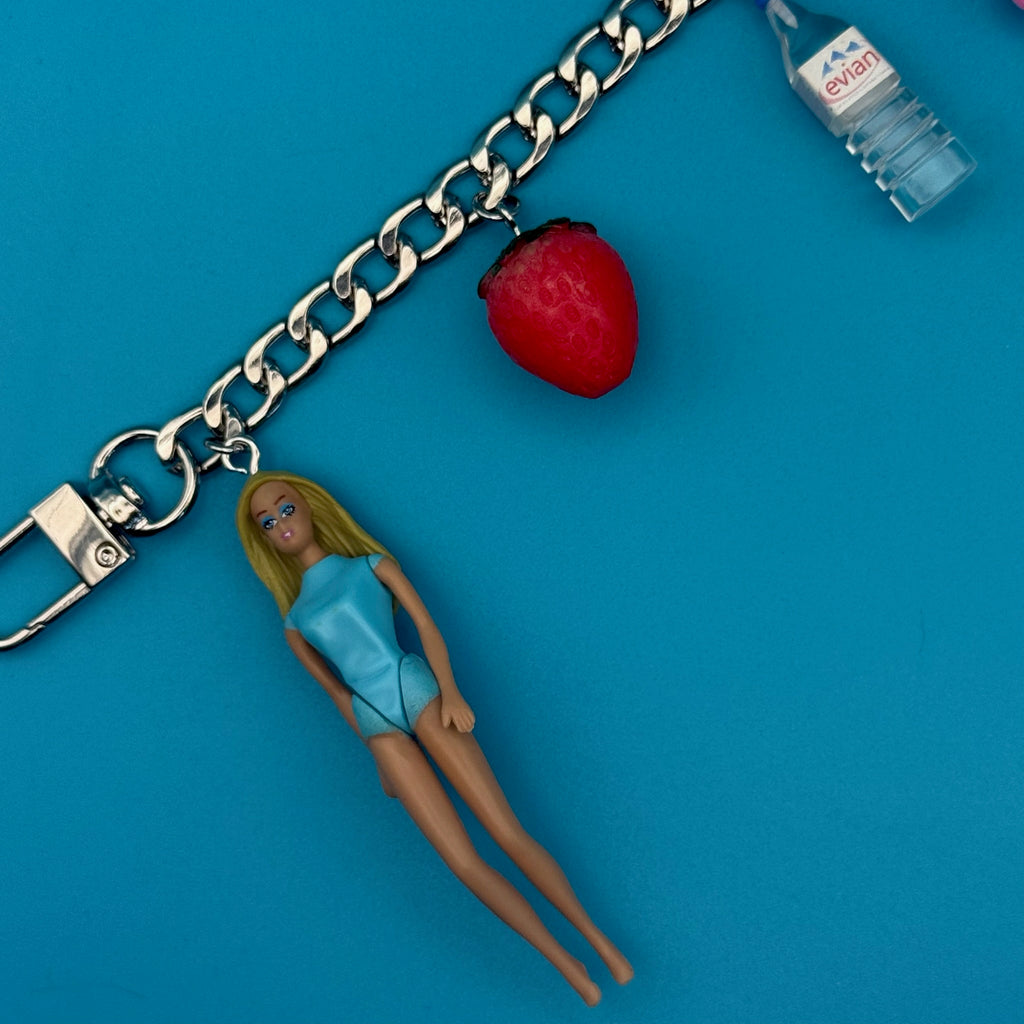 Vintage Mini Barbie + Evian Water Bag Charm Chain