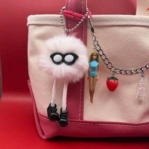 White and Black Pom Pom Walking Weirdo -  vintage keychain vintage charms for bag nostalgia vintage keychains y2k collectible - Bag Crap