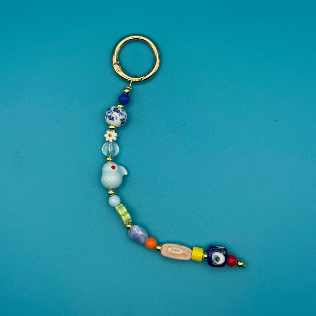Glass Bead Bag Charm— Evil Eye, Blue Parrot
