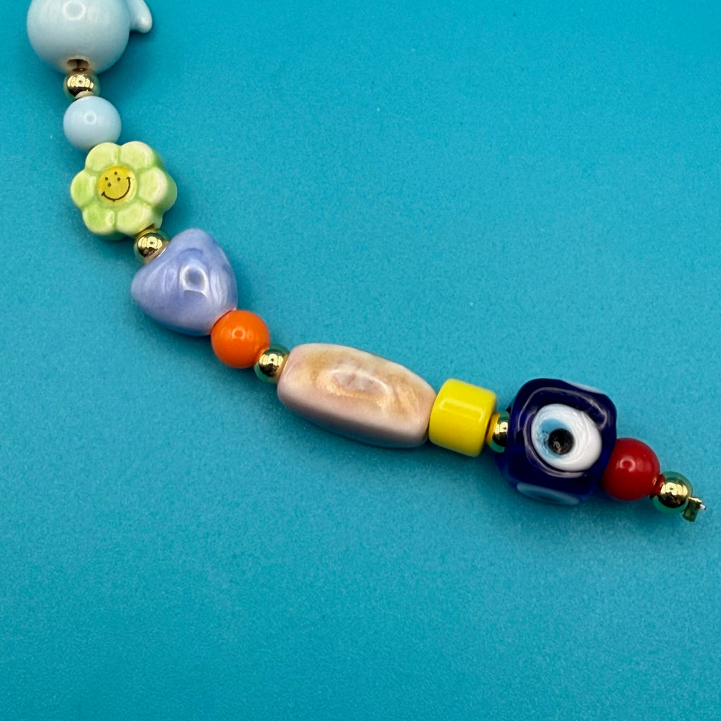 Glass Bead Bag Charm— Evil Eye, Blue Parrot