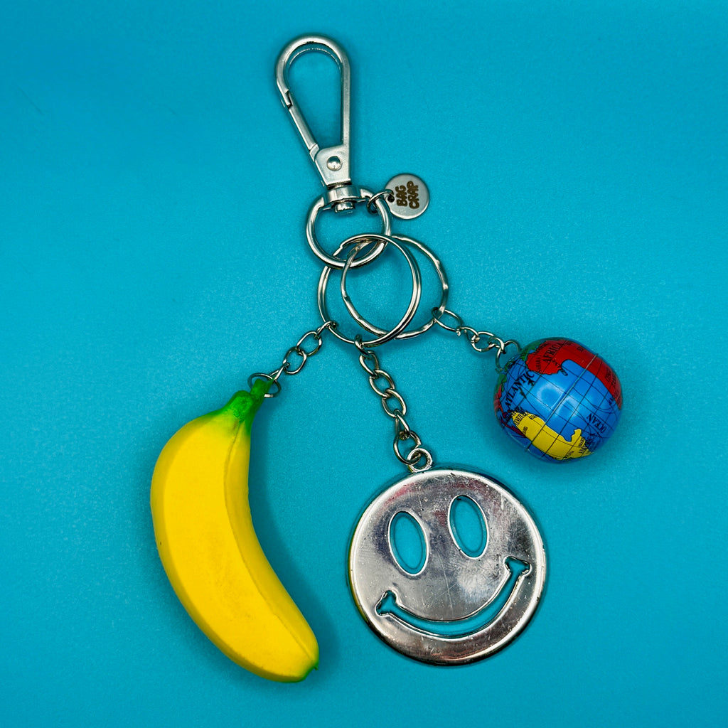 Vintage Smiley Face Banana Globe Keychain Bag Charm
