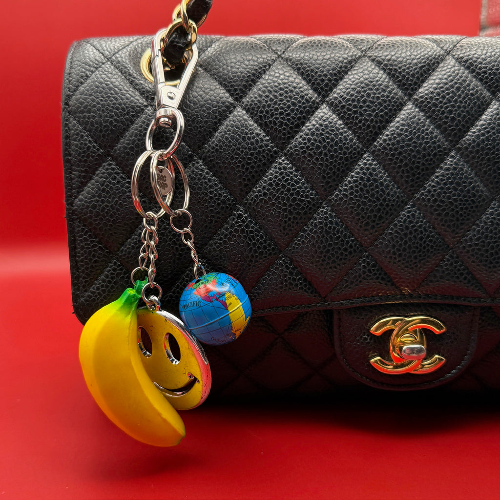 Vintage Smiley Face Banana Globe Keychain Bag Charm