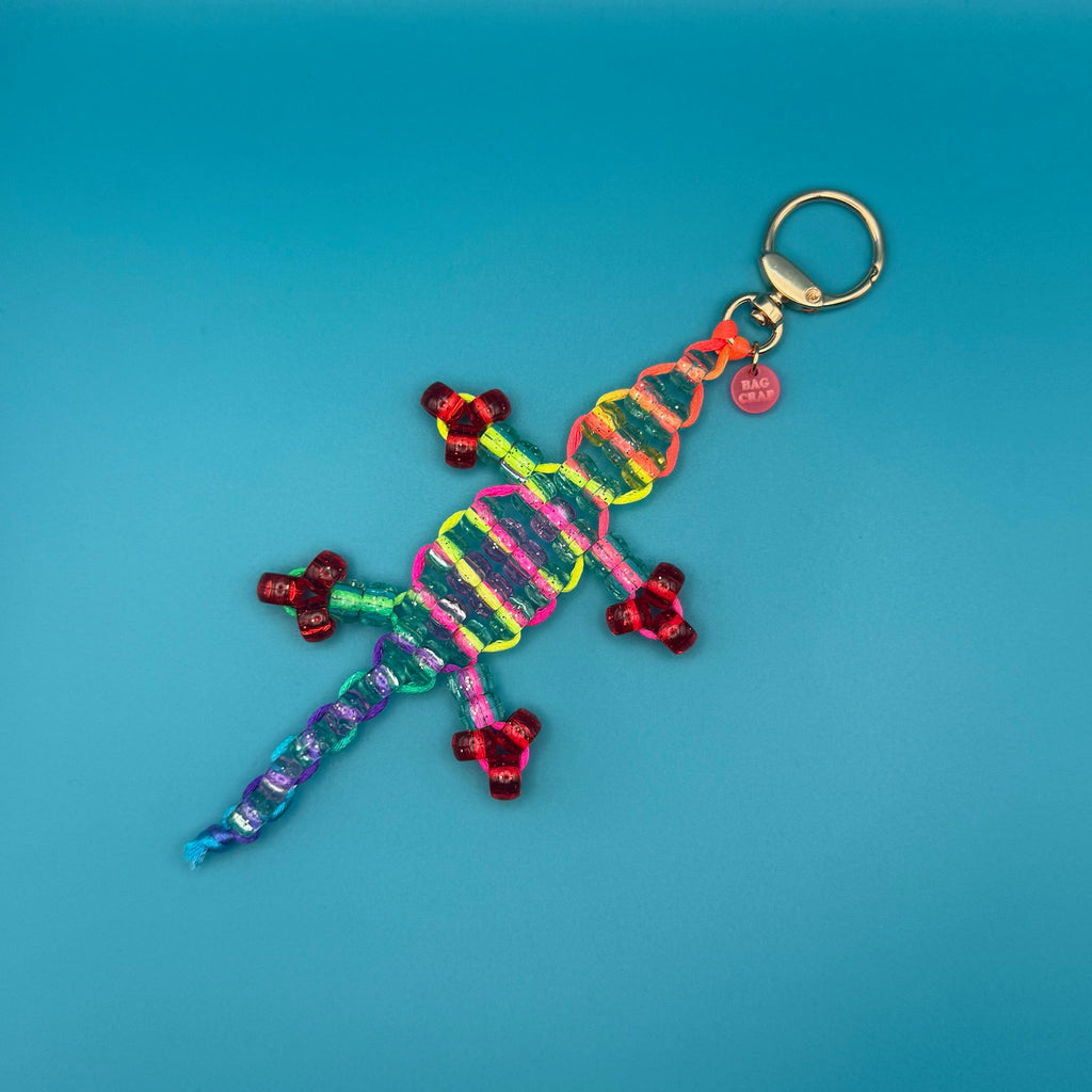 Small Bead Buddy Lizard Bag Charm - Neon Blue and Red