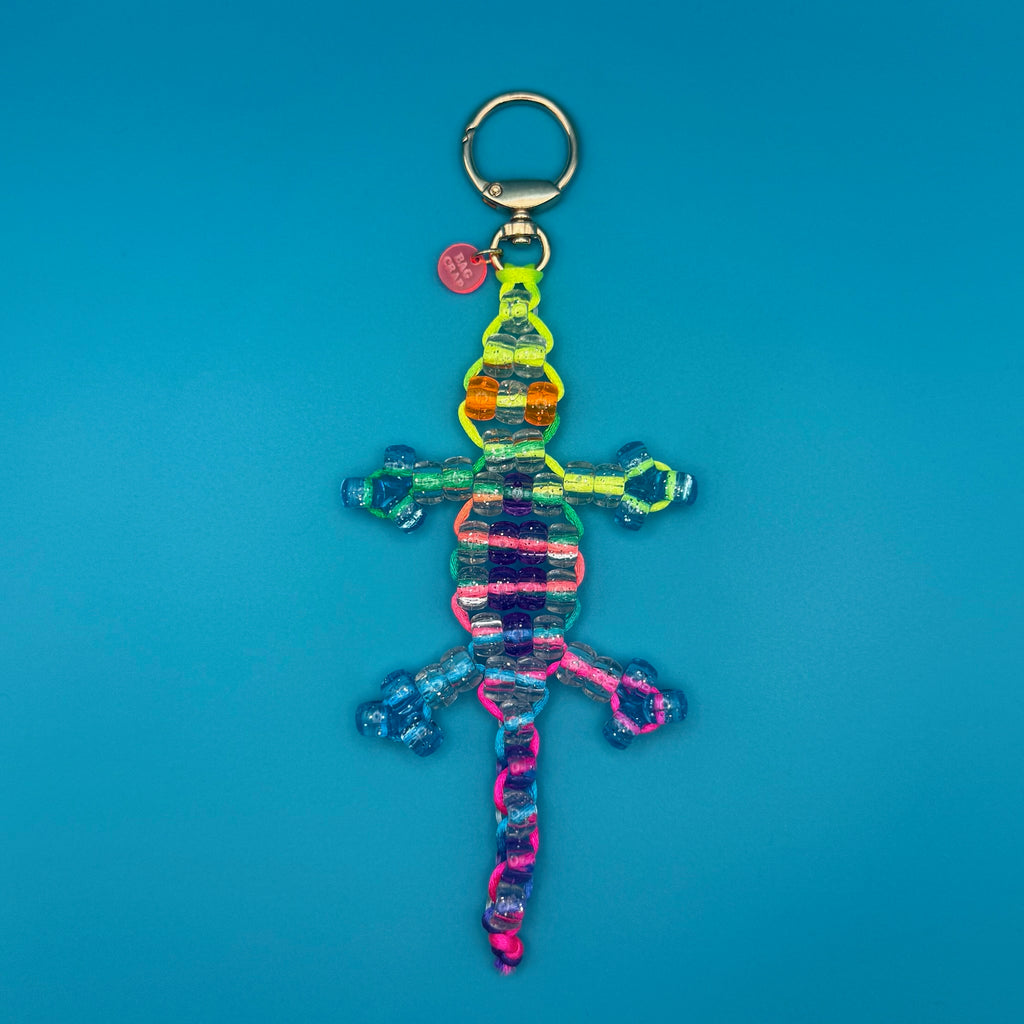 Small Bead Buddy Lizard Bag Charm - Neon Yellow and Pink