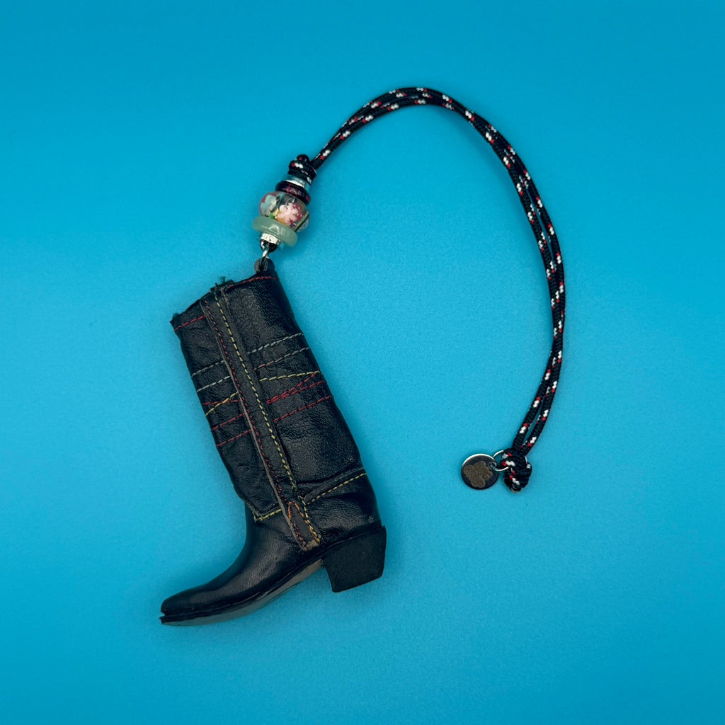 Vintage Black Leather Cowboy Boot Paracord Bag Charm