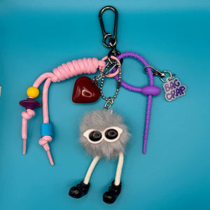 Red Heart & Grey Pom Pom   Pack - vintage bag charm packs nostalgia vintage y2k vintage keychain vintage charms for bag nostalgia vintage keychains y2k collectible - Bag Crap