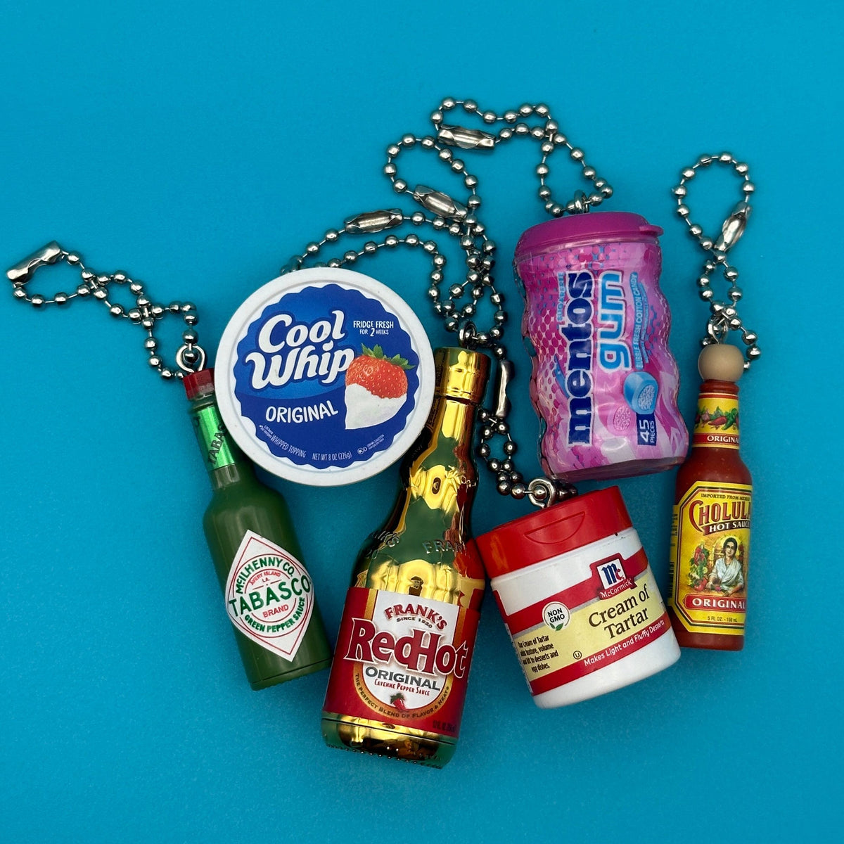 Assorted Mini Food & Grocery  s: Cool Whip, Frank's Red Hot - bodega food grocery nyc ny apple fruit vegetables fun vintage keychain vintage charms for bag nostalgia vintage keychains y2k collectible - Bag Crap