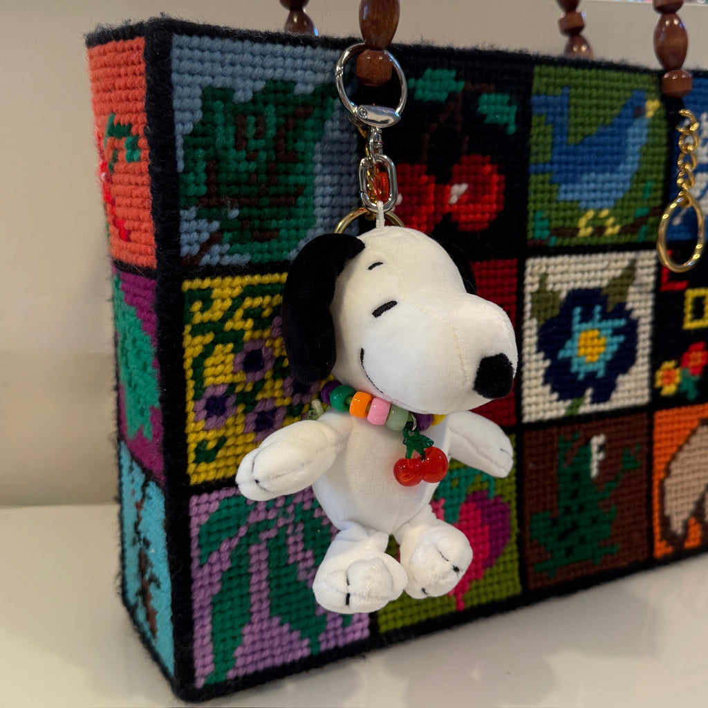 Vintage Snoopy Plushie with Cherry Beaded Necklace Bag Charm