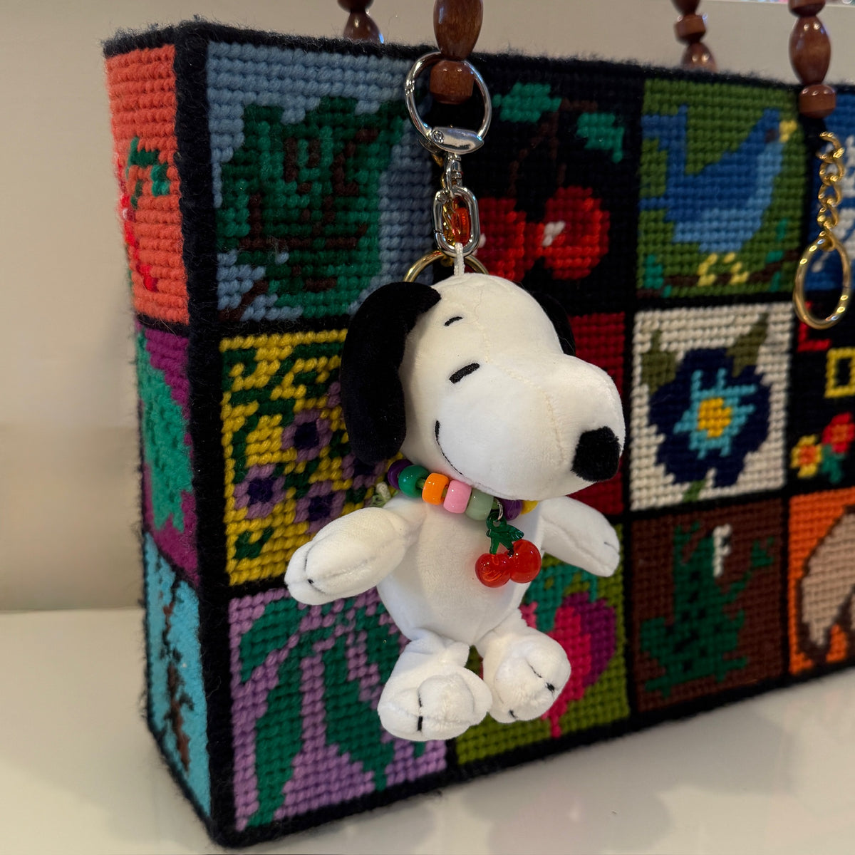 Snoopy Plush   with Cherry Beaded Necklace - snoopy rar peanuts vintage keychain vintage charms for bag nostalgia vintage keychains y2k collectible - Bag Crap