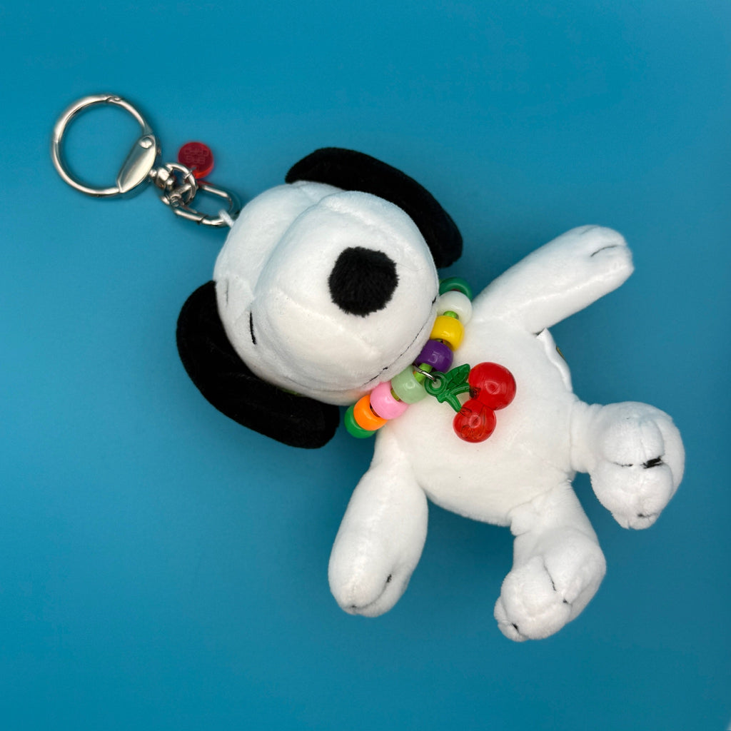 Vintage Snoopy Plushie with Cherry Beaded Necklace Bag Charm