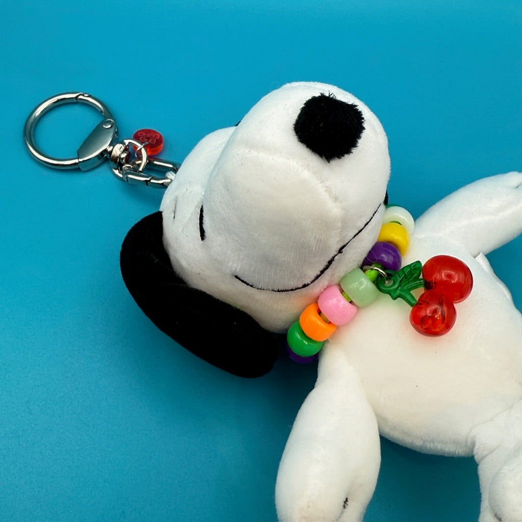 Vintage Snoopy Plushie with Cherry Beaded Necklace Bag Charm