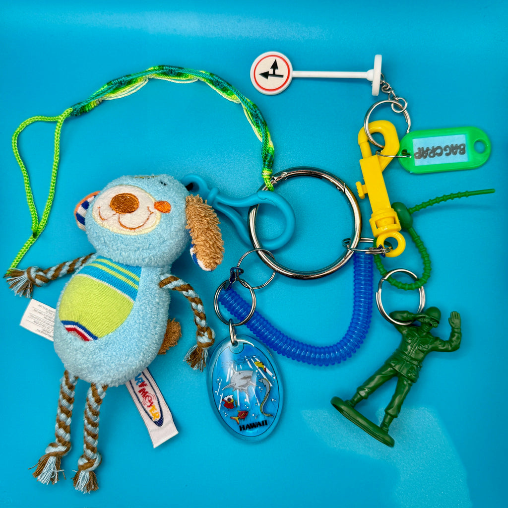 Vintage Blue Dog Plushie and Green Army Guy Keychain and Bag Charm Pack