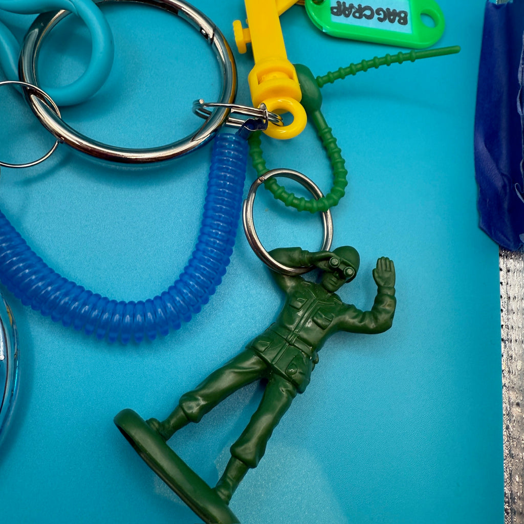Vintage Blue Dog Plushie and Green Army Guy Keychain and Bag Charm Pack