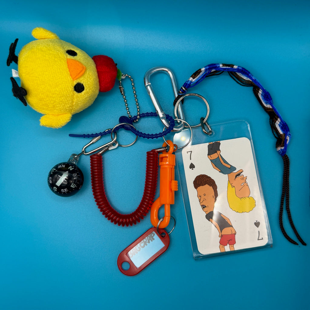 Vintage Yellow Chick Plushie and Beavis and Butthead Playing Card Keychain and Bag Charm Pack