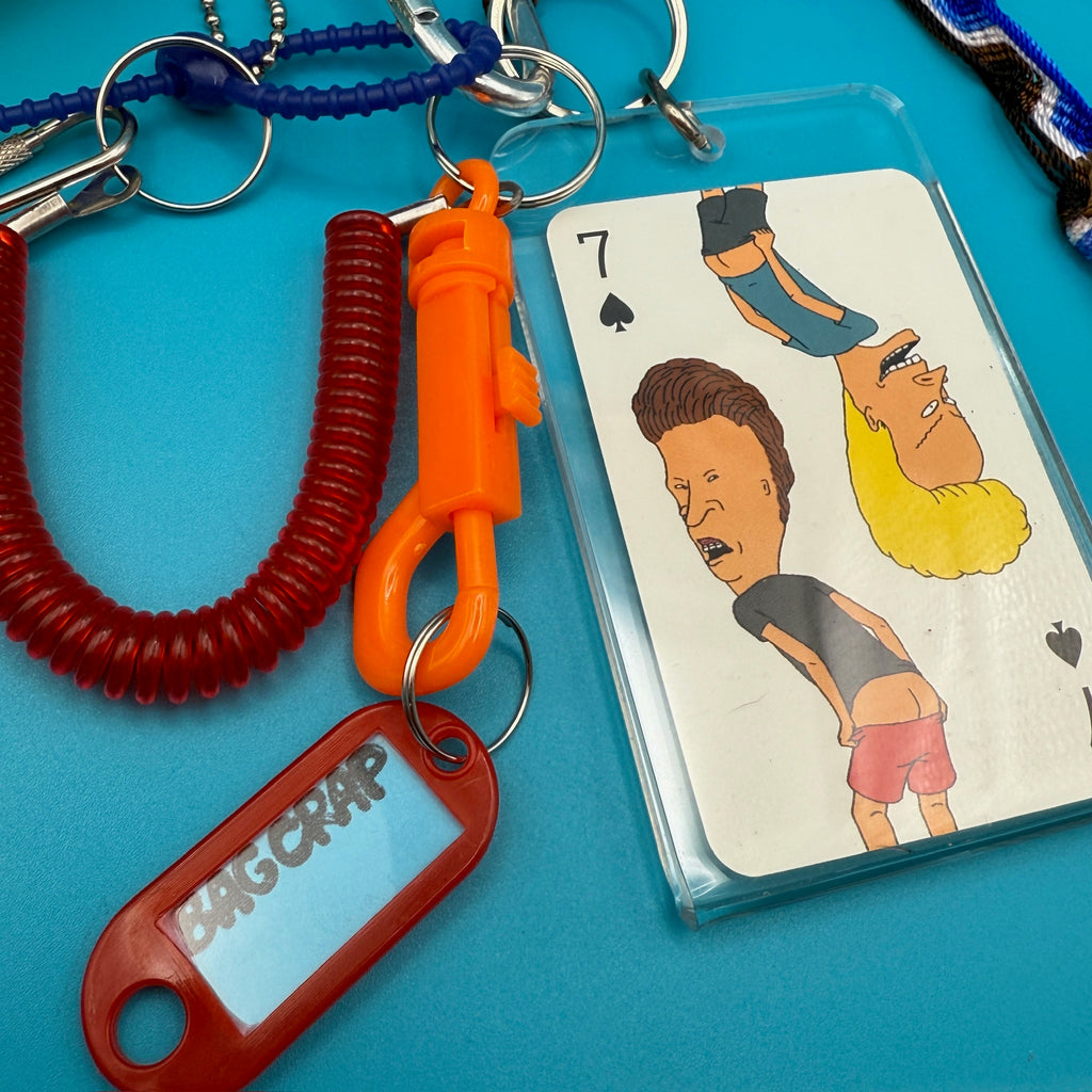 Vintage Yellow Chick Plushie and Beavis and Butthead Playing Card Keychain and Bag Charm Pack