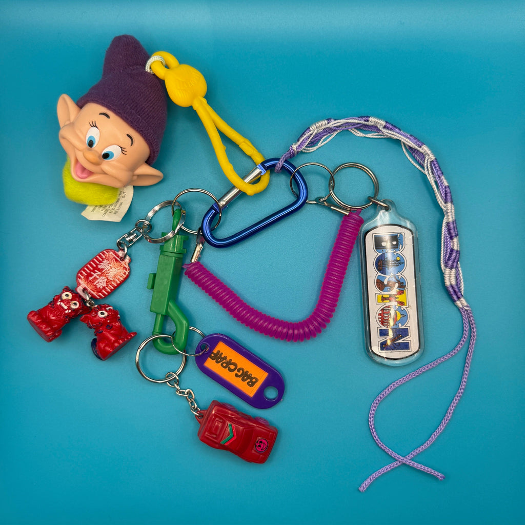 Vintage Dopey Head and Mini Red Car Keychain and Bag Charm Pack