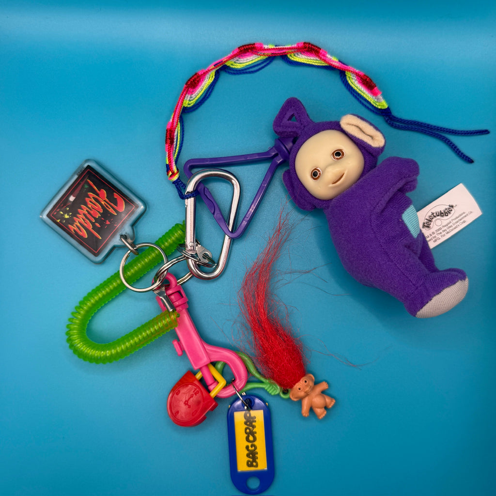 Vintage Purple Teletubby Plushie and Mini Troll Keychain and Bag Charm Pack