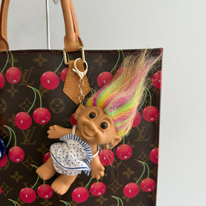 4'  Troll Doll  : Rainbow Hair Blue and White Polka Dot Dress Troll -  vintage keychain vintage charms for bag nostalgia vintage keychains y2k collectible - Bag Crap