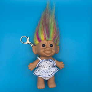 4'  Troll Doll  : Rainbow Hair Blue and White Polka Dot Dress Troll -  vintage keychain vintage charms for bag nostalgia vintage keychains y2k collectible - Bag Crap