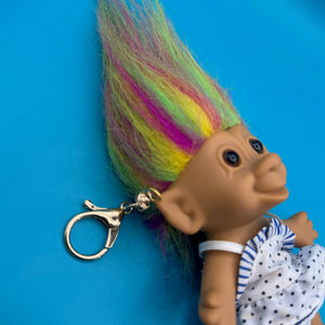 4'  Troll Doll  : Rainbow Hair Blue and White Polka Dot Dress Troll -  vintage keychain vintage charms for bag nostalgia vintage keychains y2k collectible - Bag Crap
