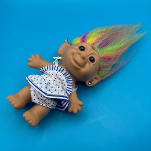 4'  Troll Doll  : Rainbow Hair Blue and White Polka Dot Dress Troll -  vintage keychain vintage charms for bag nostalgia vintage keychains y2k collectible - Bag Crap