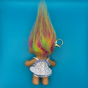 4'  Troll Doll  : Rainbow Hair Blue and White Polka Dot Dress Troll -  vintage keychain vintage charms for bag nostalgia vintage keychains y2k collectible - Bag Crap