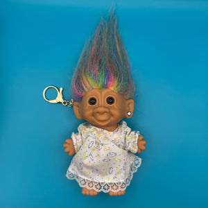 4'  Troll Doll  : Rainbow Hair Safety Pin Dress Troll -  vintage keychain vintage charms for bag nostalgia vintage keychains y2k collectible - Bag Crap