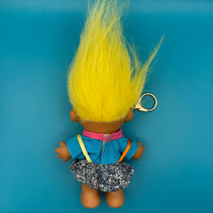 4'  Troll Doll  : Yellow Hair Blue Shirt and Skirt Troll -  vintage keychain vintage charms for bag nostalgia vintage keychains y2k collectible - Bag Crap