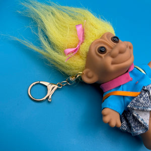 4'  Troll Doll  : Yellow Hair Blue Shirt and Skirt Troll -  vintage keychain vintage charms for bag nostalgia vintage keychains y2k collectible - Bag Crap