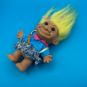 4'  Troll Doll  : Yellow Hair Blue Shirt and Skirt Troll -  vintage keychain vintage charms for bag nostalgia vintage keychains y2k collectible - Bag Crap