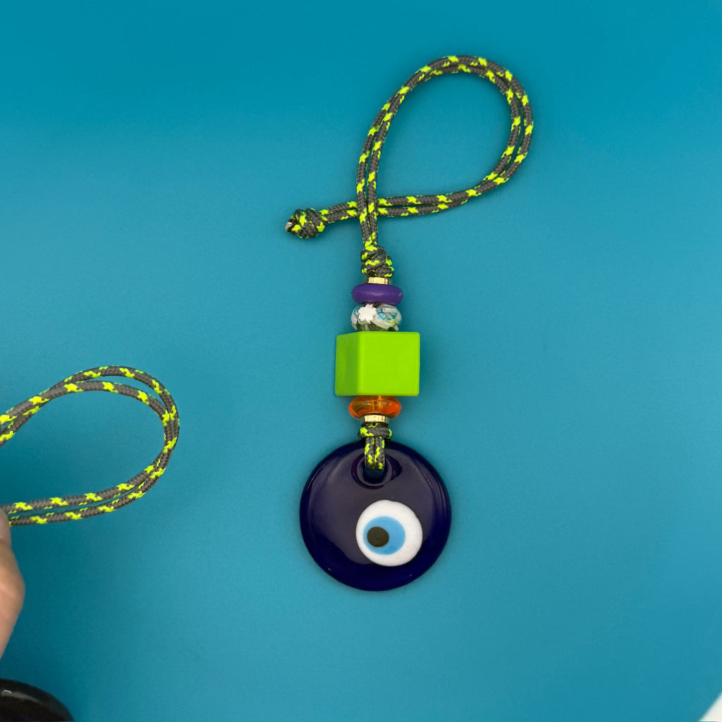 Green Cord Glass Beaded Evil Eye Bag Charm - Green Bead with Green and Yellow Cord - Evil Eye Bag Charm