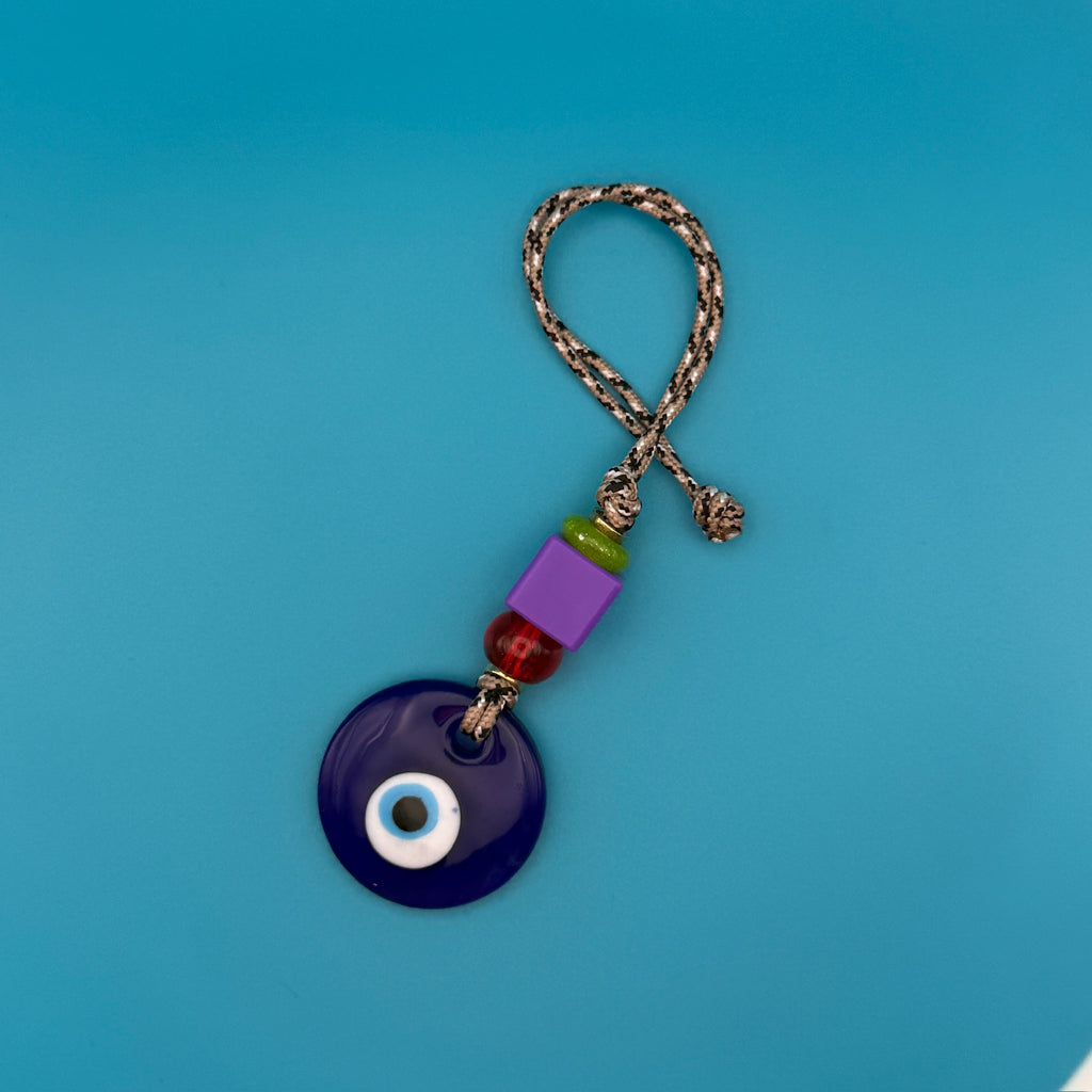 Green Cord Glass Beaded Evil Eye Bag Charm - Purple Bead with Brown Cord - Evil Eye Bag Charm