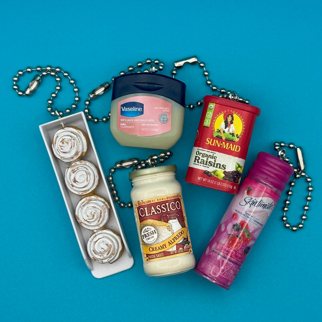 Assorted Mini Food & Grocery Bag Charms: Raisins, Alfredo, Shaving Cream