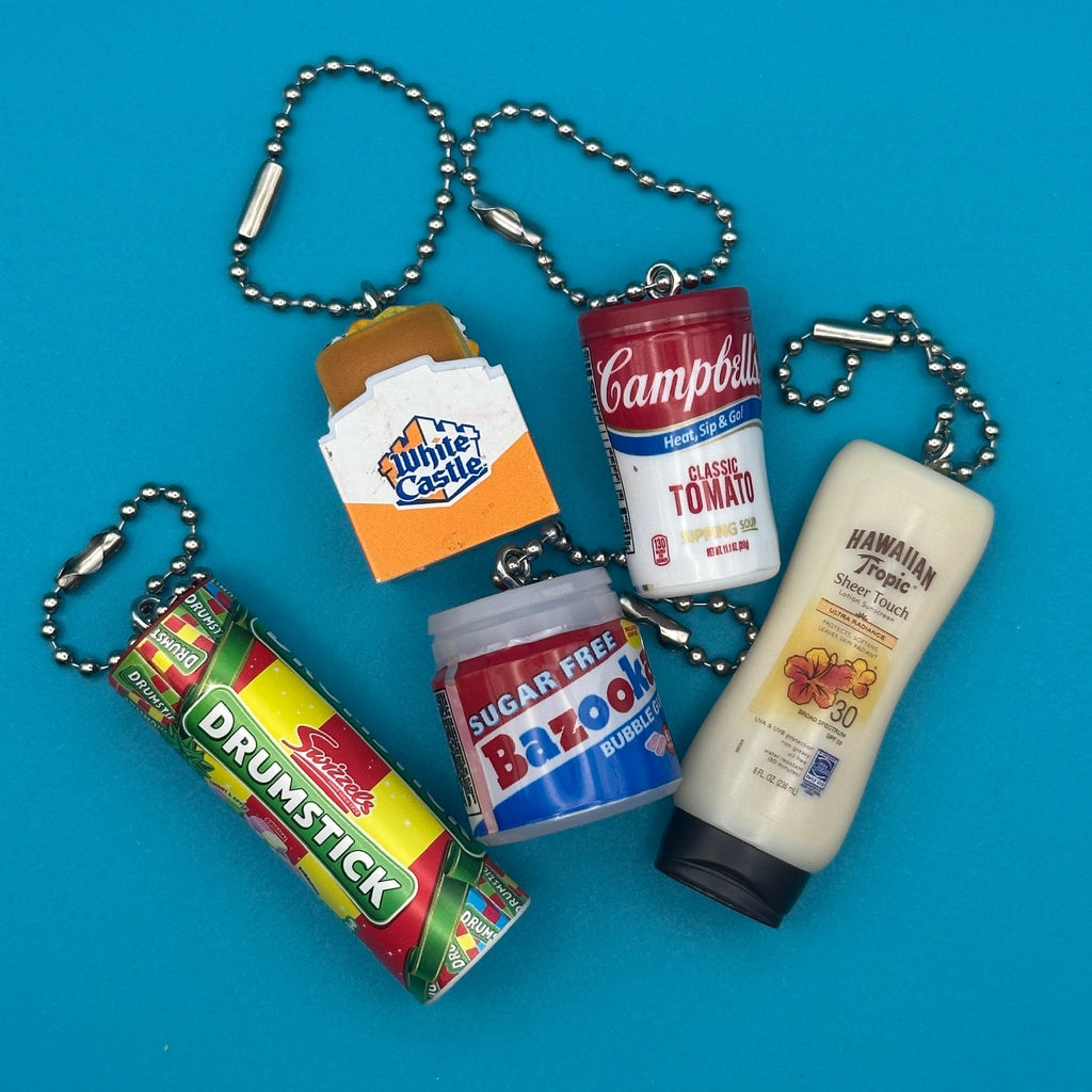 Assorted Mini Food & Grocery Bag Charms: Tomato Soup, Cheeseburger, Bubble Gum