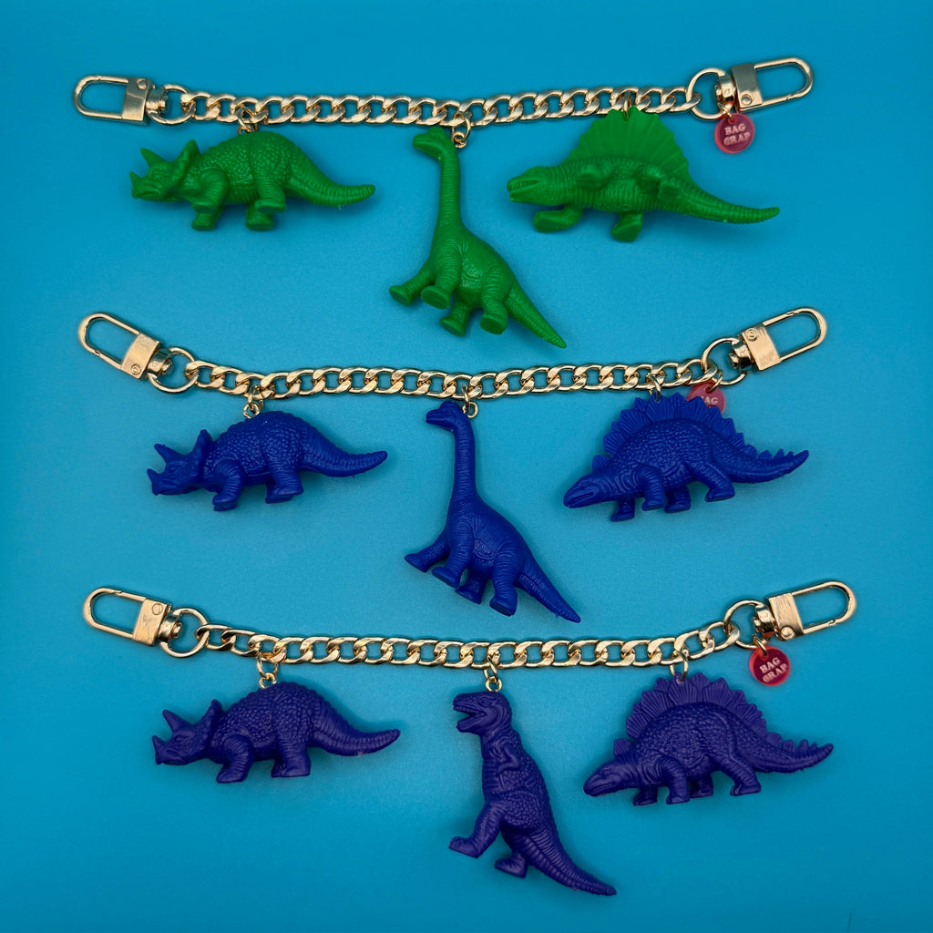Green, Blue, and Purple Dinosaur Bag Gold Charm Chains: You Pick