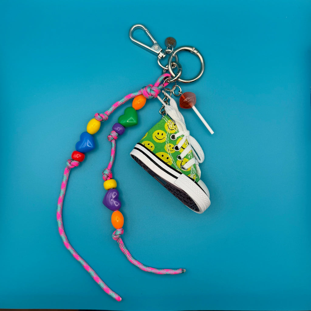 Vintage Smile Face Sneaker and Beaded Paracord Keychain and Charm Pack