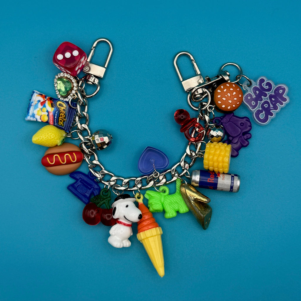 One-of-one 90s Retro Bag Charm Chain — Snoopy, Cheetos, Red Bull