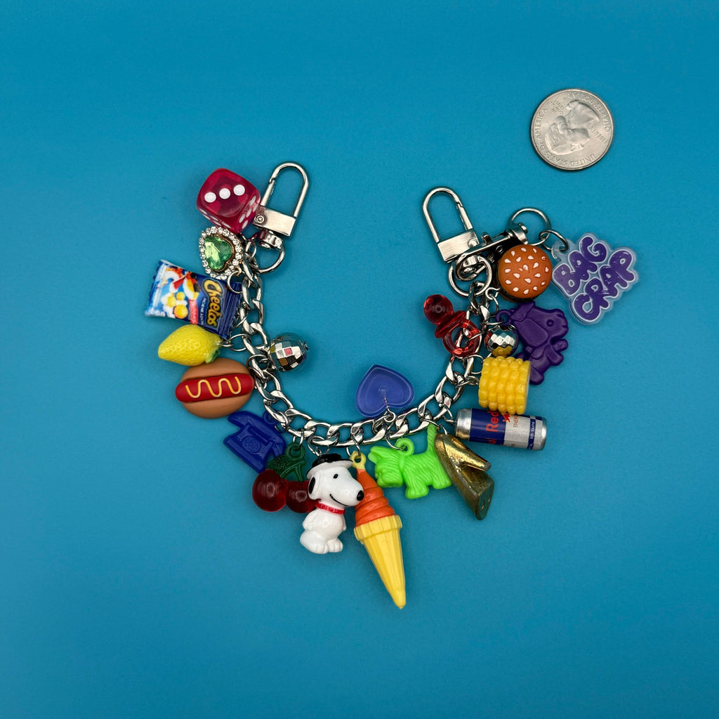 One-of-one 90s Retro Bag Charm Chain — Snoopy, Cheetos, Red Bull