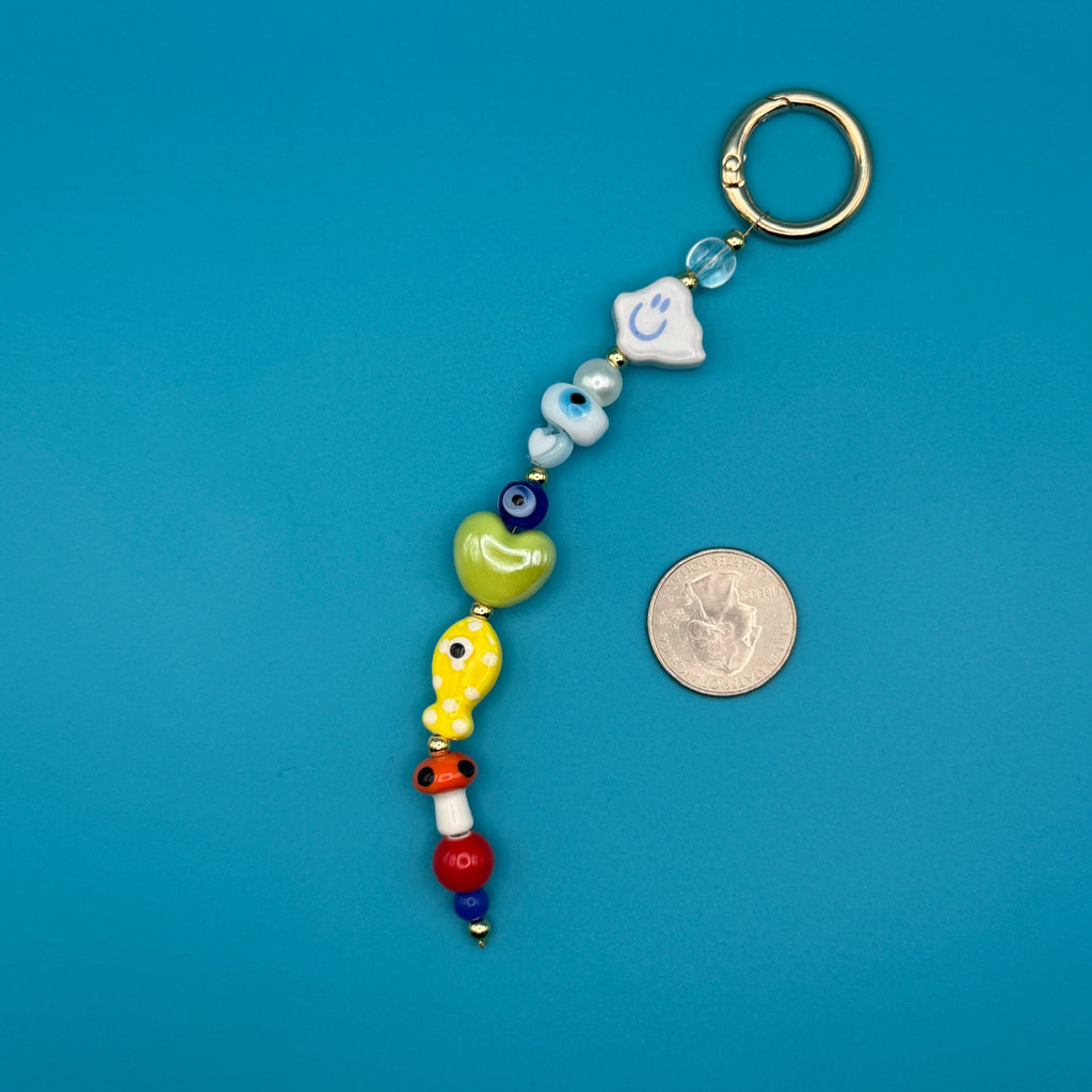 Glass Bead Bag Charm— Evil Eyes, Smiley Face Cloud