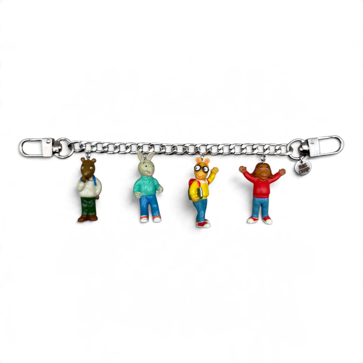 Vintage Arthur figurine bag charm chain featuring characters like Arthur, Buster, and Francine on an 8 inch silver bag chain crafted by Bag Crap.