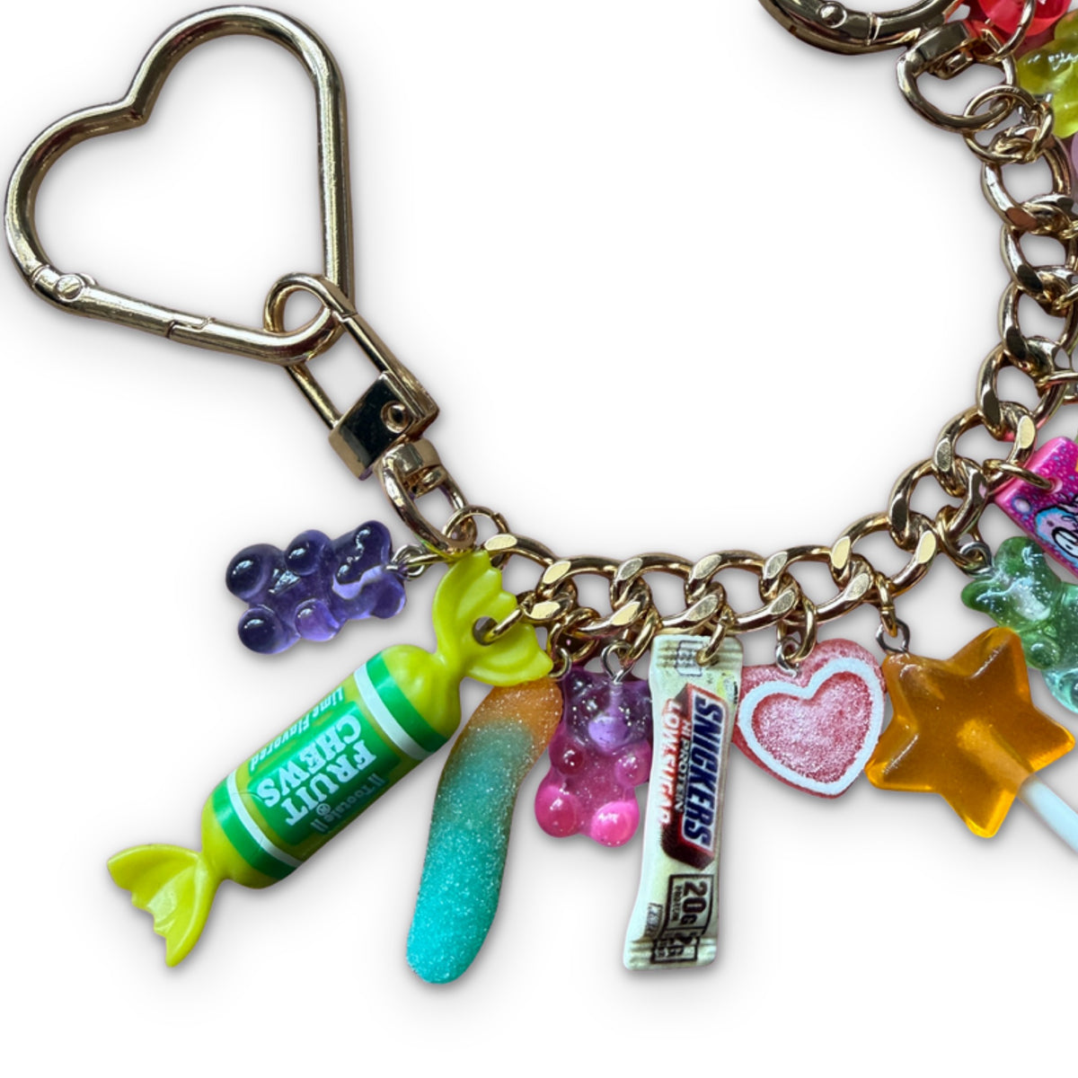 1:1 Candy Stacked Bag Charm Chain - Green/Gold on a white background
