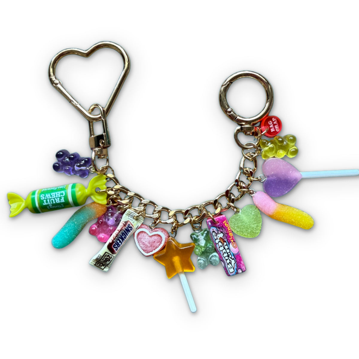 1:1 Candy Stacked Bag Charm Chain - Green/Gold on a white background