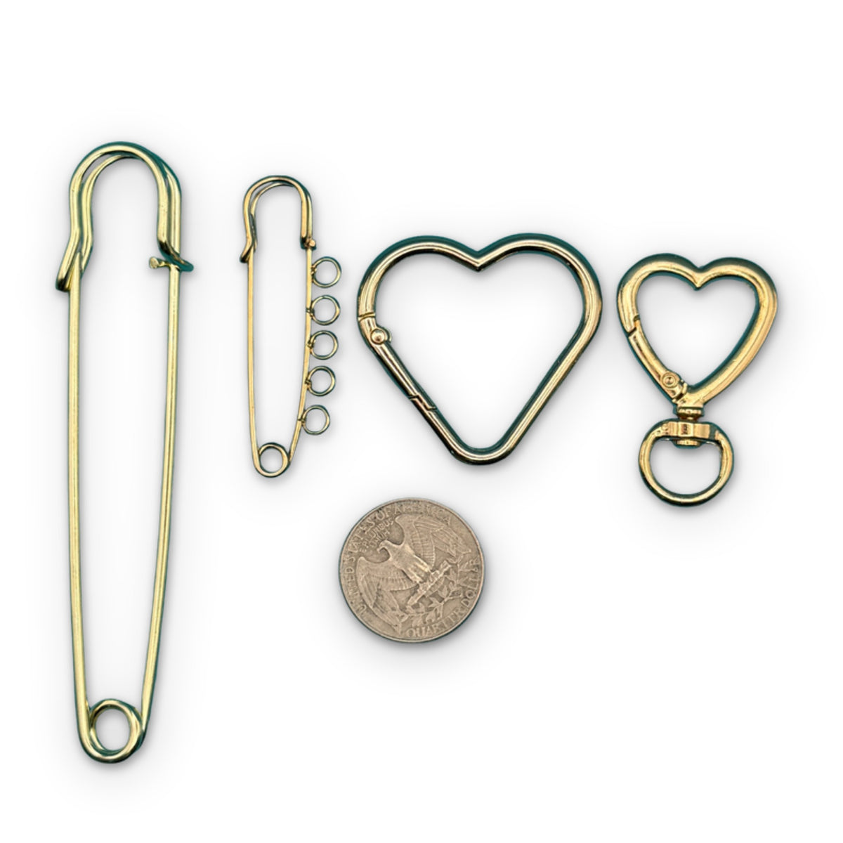 4 Piece Gold Bag Charm Clip & Pin Set on a white background