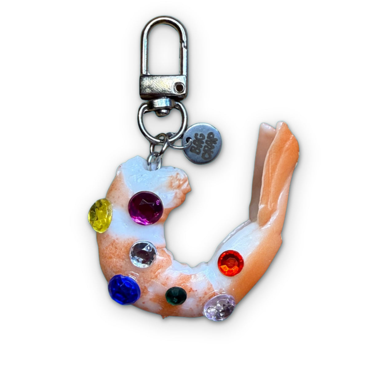 BEDAZZLED Shrimp Bag Charm Keychain on a white background