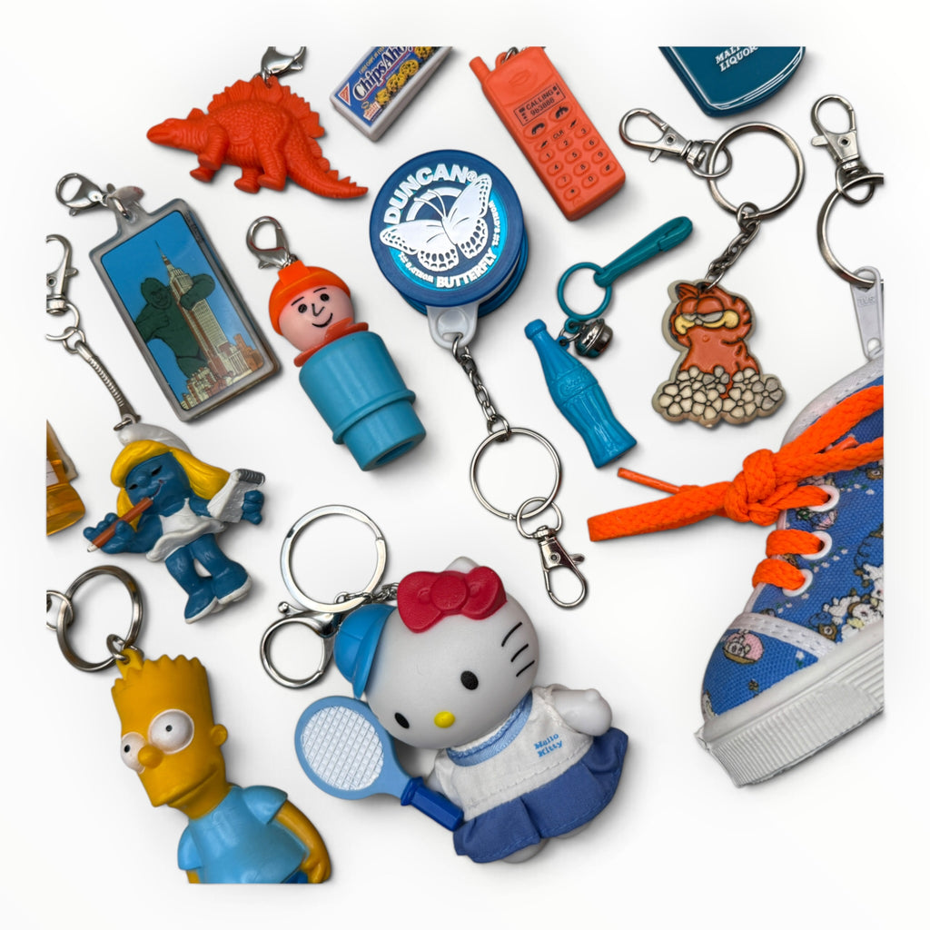 Vintage Junk Drawer Keychains & Bag Charms: Blue & Orange