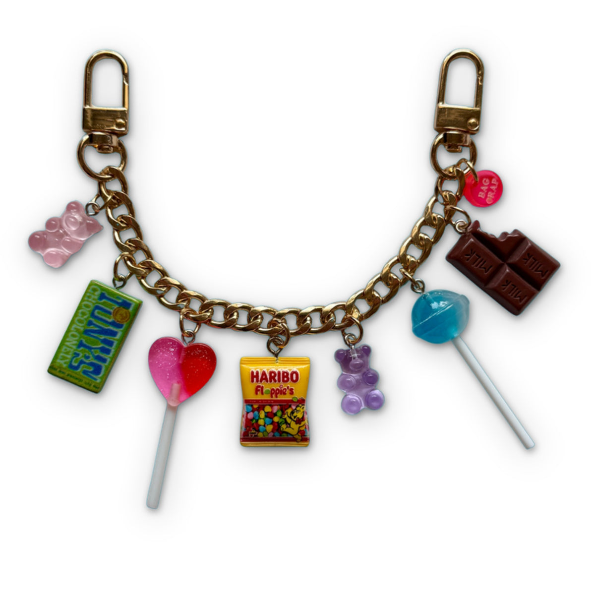 Silver Chain - Colorful Crafted Candy Bag Charm Chain - Gold or Silver, on a white background