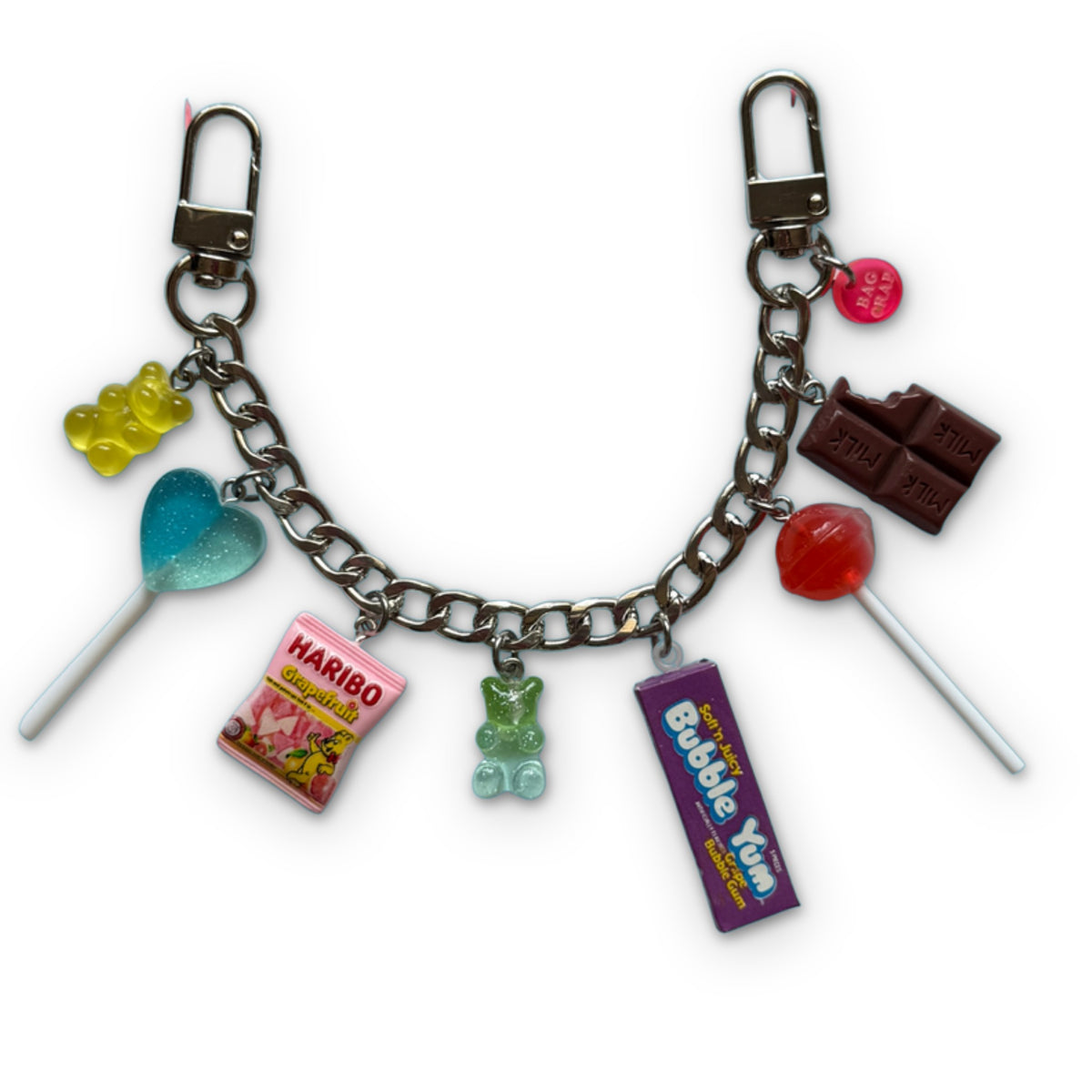 Colorful Crafted Candy Bag Charm Chain - Silver on a white background