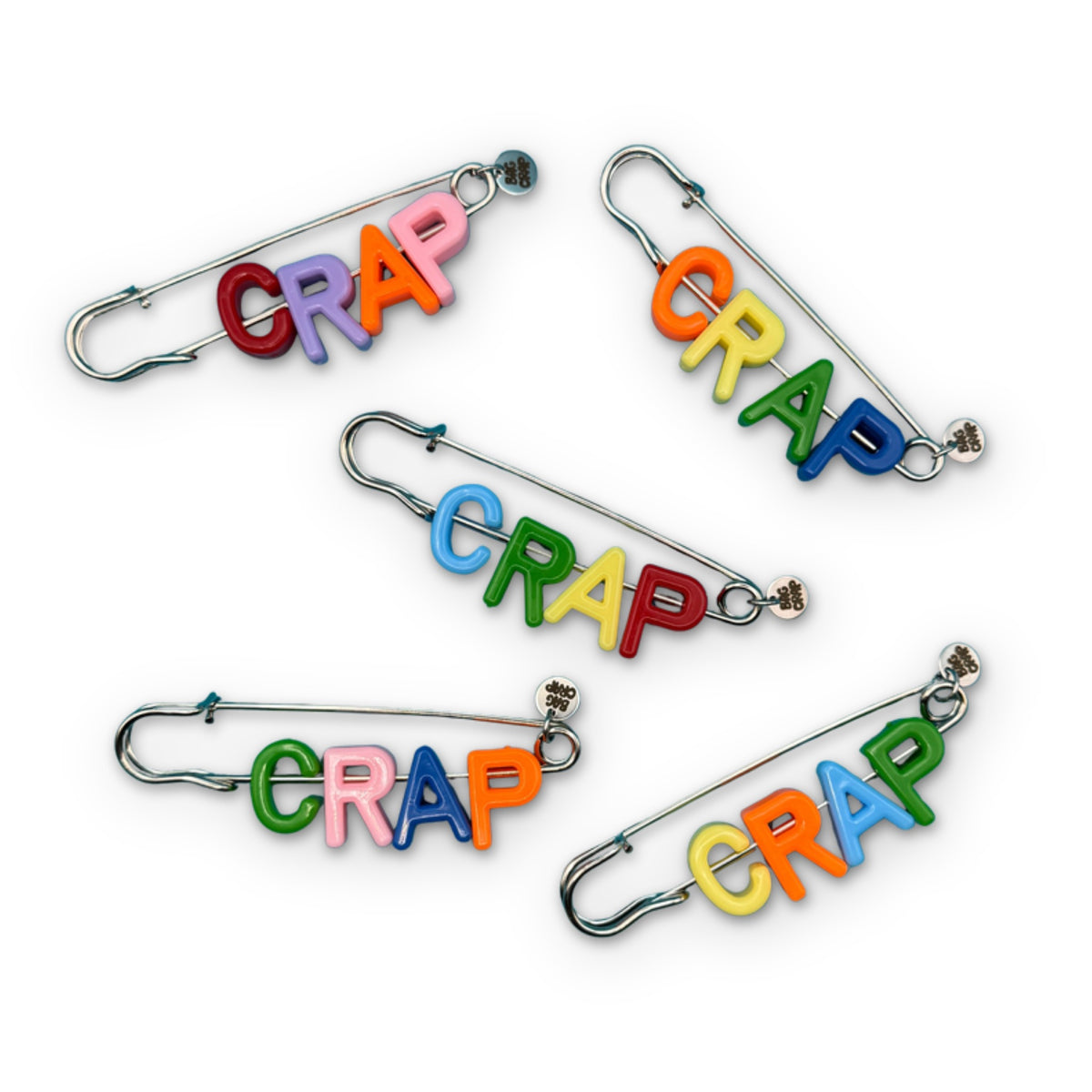 'CRAP' Letter Bead Brooch Charm on a white background