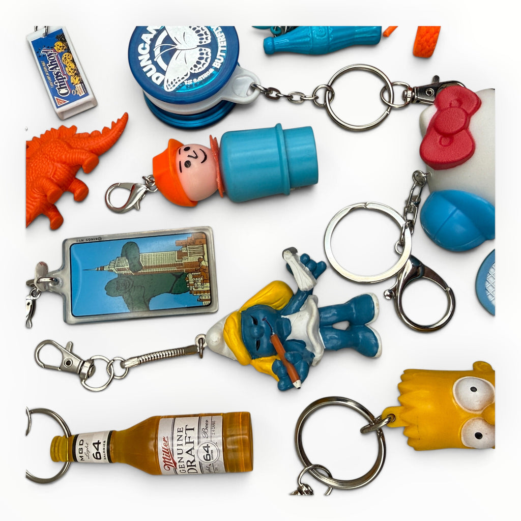 Vintage Junk Drawer Keychains & Bag Charms: Blue & Orange